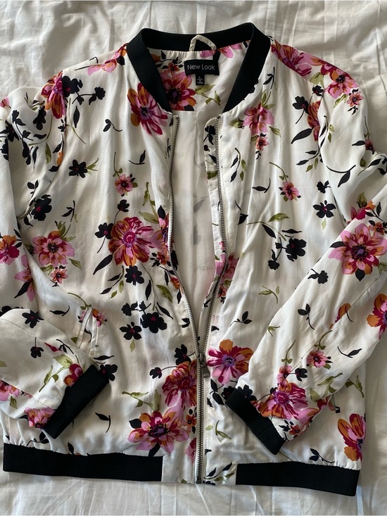 New Look Jackets & Blazers - New Look White Floral Bomber Jacket with Black Trim and Pink Accents